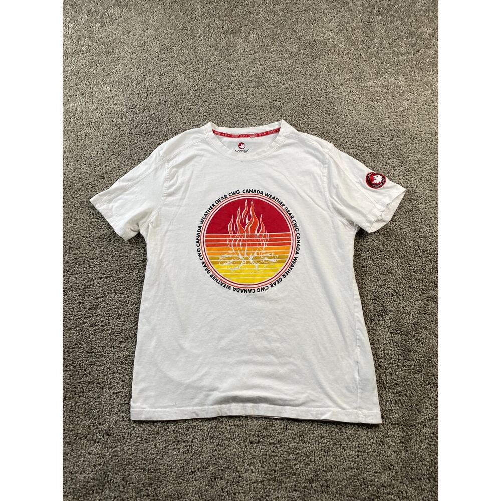 Canada Weather Gear Shirt Mens Large White Red Flames Fire CWG Short Sleeve FLAW